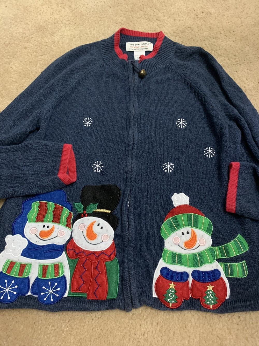 Tiara international full zip Christmas snowman sweater blue with red accents XL